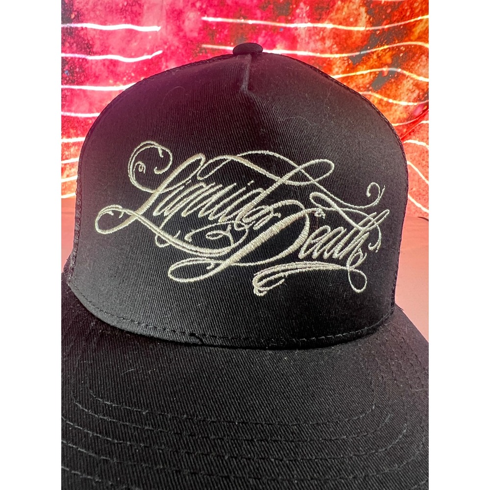 Liquid Death Trucker Hat Black Mesh Snapback Murder Your Thirst Script Logo Cap